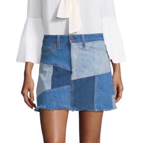 ALICE + OLIVIA • AO LA Blue Denim Patchwork A-Line Mini Skirt, XS - Picture 11 of 16